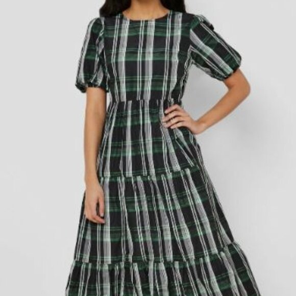 Topshop Women Plaid Ruffle Midi Dress Green Size US 2 - Picture 7 of 9